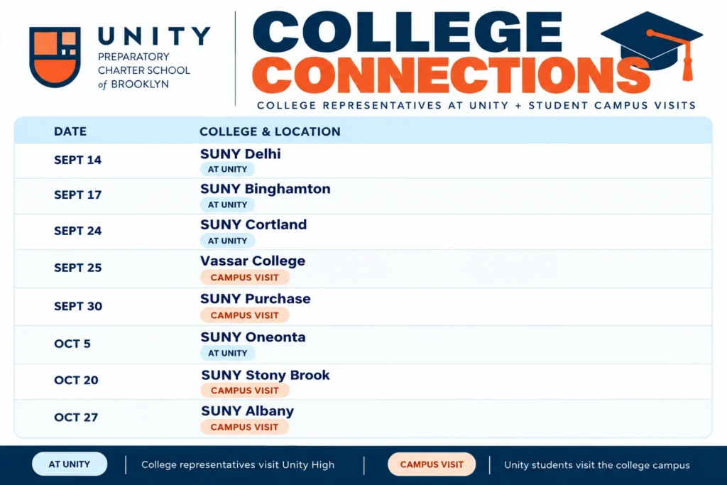 Unity college visit schedule, including SUNY Stony Brook October 20 and SUNY Albany October 27