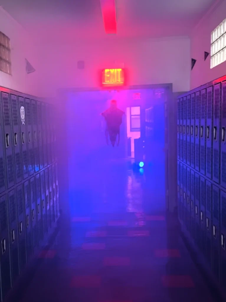 Purple-lit hallway from Unity High’s haunted house
