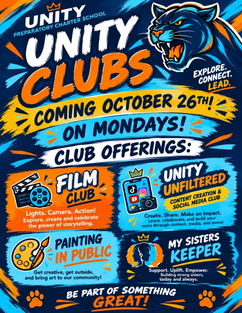 Unity clubs begin October 26 on Mondays: Film Club, Unity Unfiltered, Painting in Public, and My Sisters Keeper
