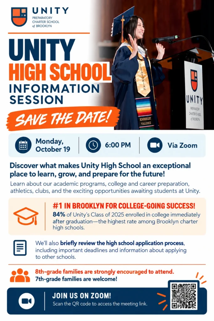 Unity High School information session, Monday October 19 at 6 PM on Zoom