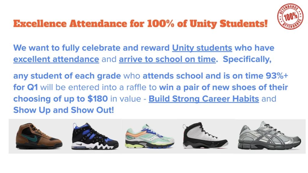 Quarter 1 attendance and punctuality sneaker raffle: 93 percent or higher