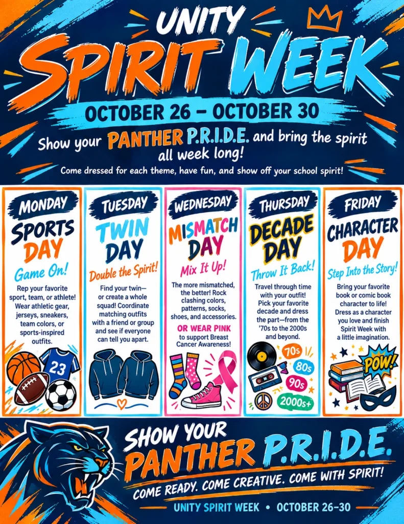 Unity Middle Spirit Week October 26–30 daily themes